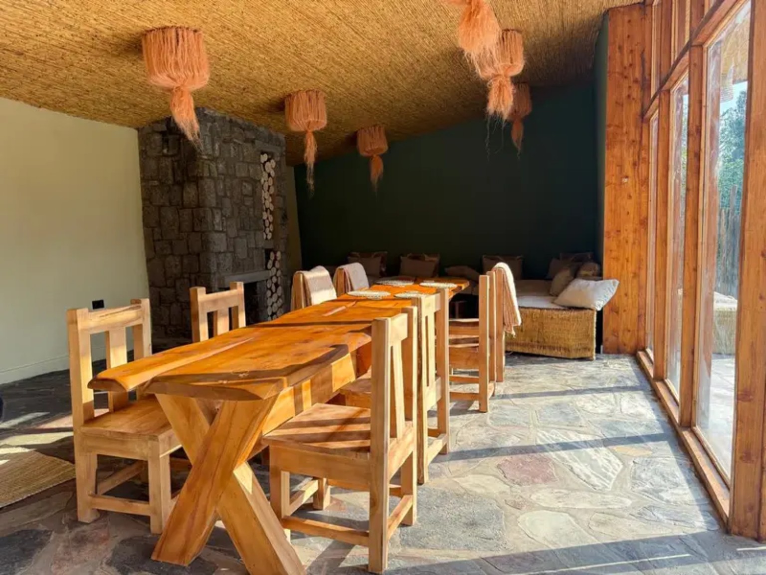 Warm lodge dining room with wooden furniture